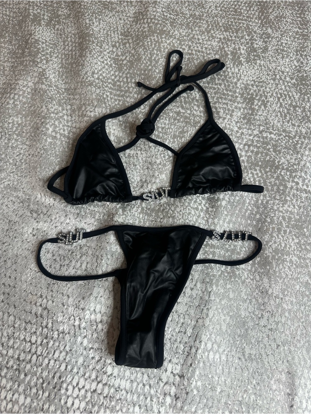 Pleather Black Women's Triangle Bikini Set with Decorative Side Accents NWOT